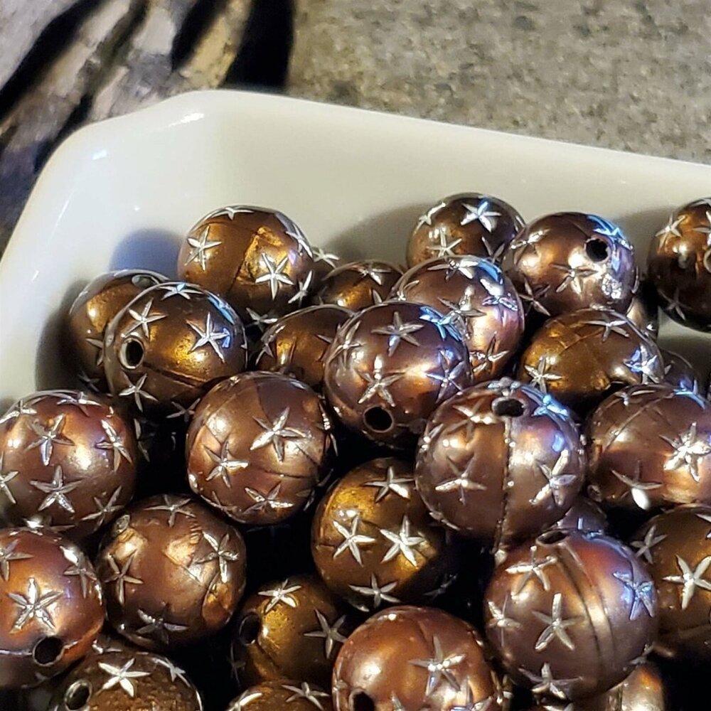 Vintage Retro Brown Silver Stars 12mm Round Acrylic Shabby Chic Beads 10 pcs